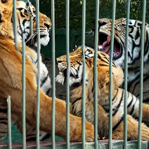 Image similar to lion and a tiger roaring in cage at the zoo wearing hats