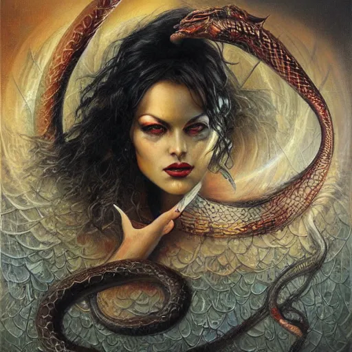 Image similar to the devil and a serpent, ethereal, painting by karol bak