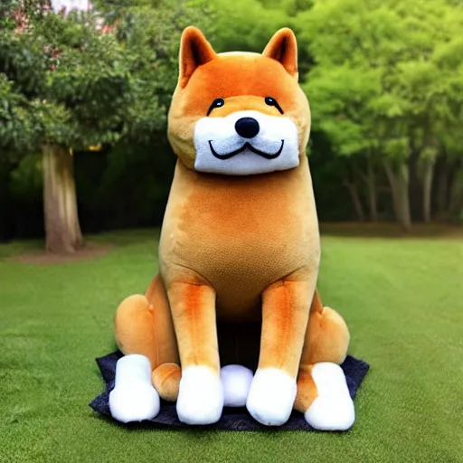 Prompt: a giant plushy shiba inu with a mustache, photo realistic, highly detailed,