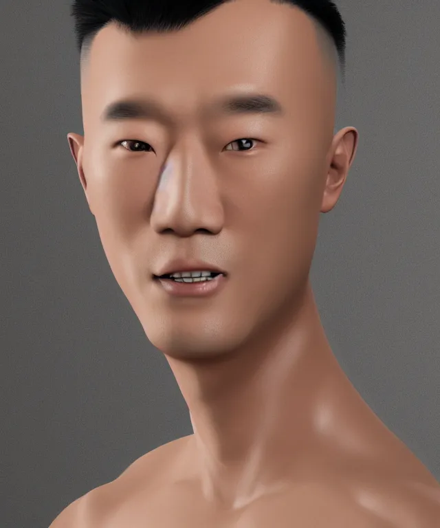 Image similar to portrait of an asian man who has white victoria's secret model's head, realistic, 4 k