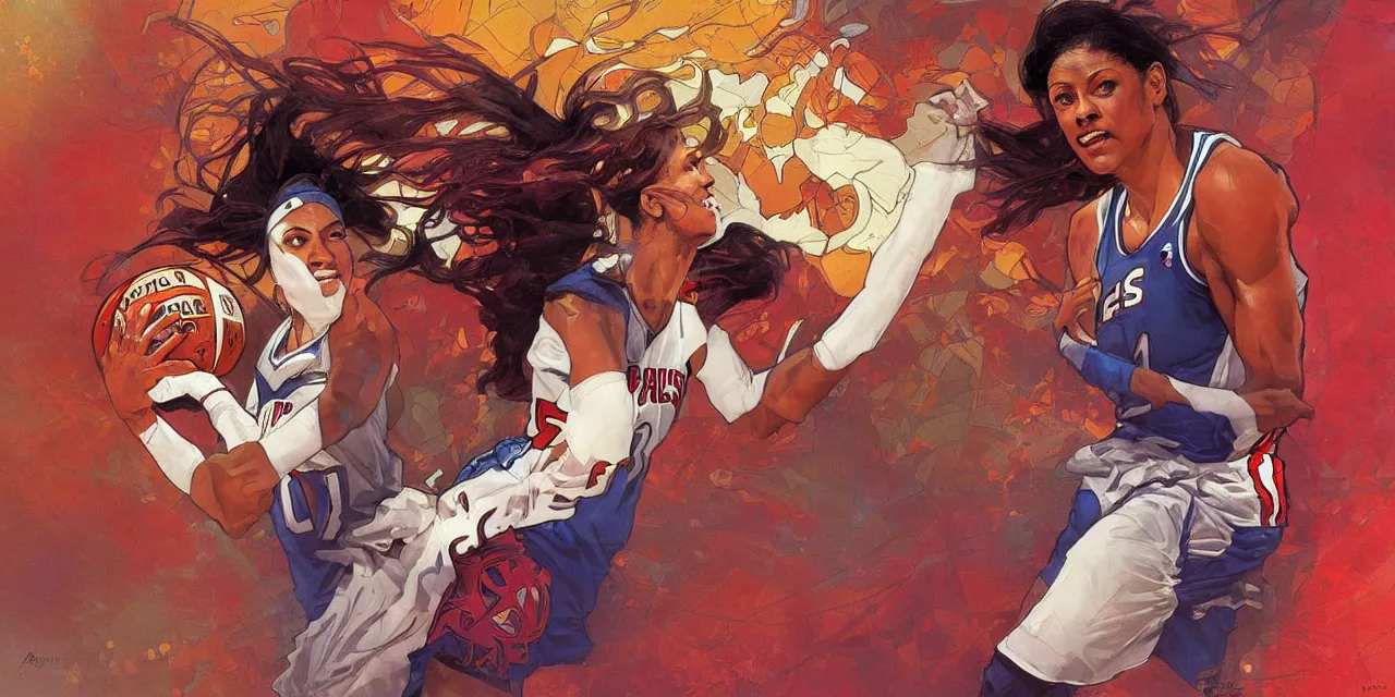 Image similar to candace parker playing basketball in a chicago bulls jersey art by artgerm and greg rutkowski and alphonse mucha, wide angle view,