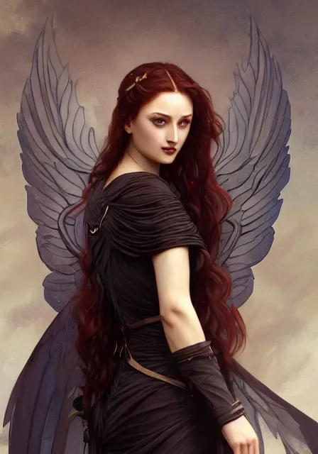 Image similar to sansa dark angel, intricate, elegant, highly detailed, digital painting, artstation, concept art, smooth, sharp focus, illustration, art by artgerm and greg rutkowski and alphonse mucha and william - adolphe bouguereau