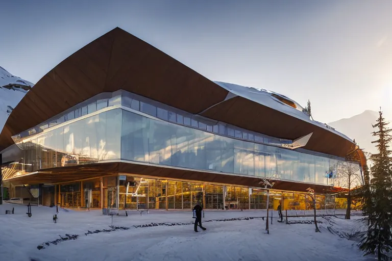 Image similar to architecture photo modern fachwerk school with Elbrus mountain on the background, architecture, photorealism 8k , shining and happy atmosphere, uplight, high details