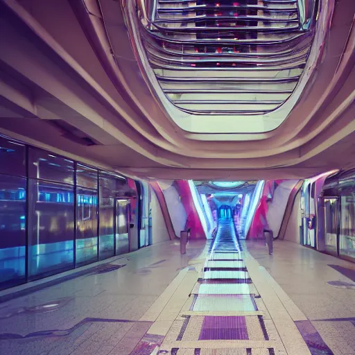 Prompt: futuristic, pastel colors, hd 8 k, unreal engine, abandoned, overgrown, red blue studio lightning, mall, escalator