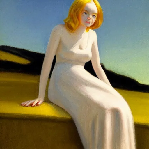 Prompt: Painting of Elle Fanning rising from the grave, long blonde hair, delicate, pale milky white porcelain skin, by Edward Hopper. 8K. Extremely detailed.