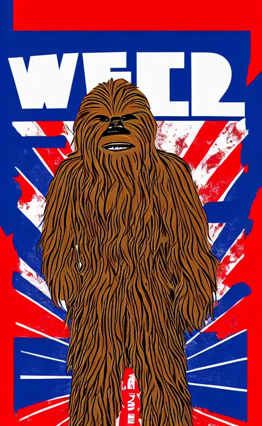 Image similar to chewbacca presidential election poster showing close up of chewbacca face red and blue duotone by sheperd fairey no text