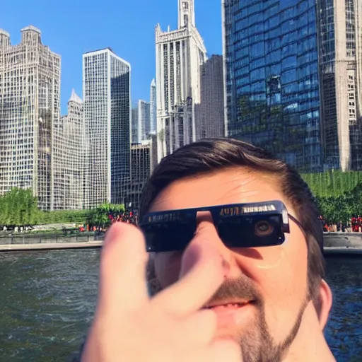 Prompt: minecraft steve taking a selfie in chicago
