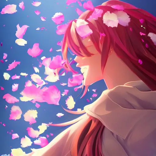 Image similar to spaciously scattered multi colored flower petals flowing through the air from left to right on a clean background, anime, artgerm, manga, trending on artstation, wlop, artgerm