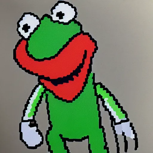 Prompt: 1 6 bit, pixel art, kermit the frog beating up a clown on the sidewalk