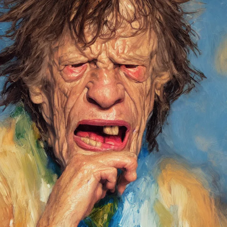 Prompt: warmly lit close up studio portrait of very old furiously angry!! Mick Jagger age 115 angrily singing, impasto oil painting thick brushstrokes by Cy Twombly and Elaine De Kooning , trending on artstation dramatic lighting Expressionism