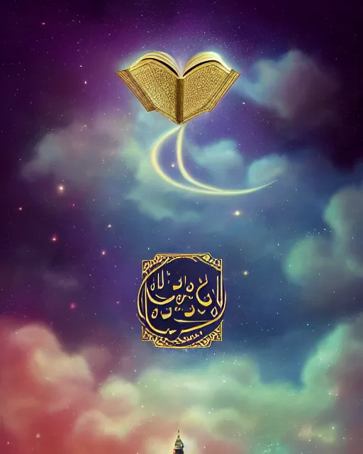 Image similar to the quran descending from the galaxy into clouds highly detailed, gold filigree, romantic storybook fantasy, soft cinematic lighting, award, pastel color palette, featured on artstation