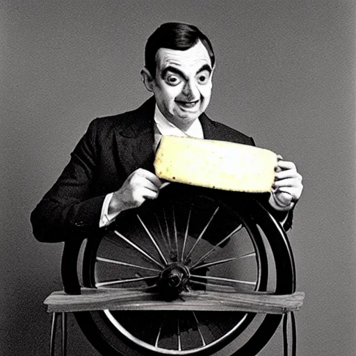 Image similar to ambrotype of mr bean eating a large wheel of cheese,