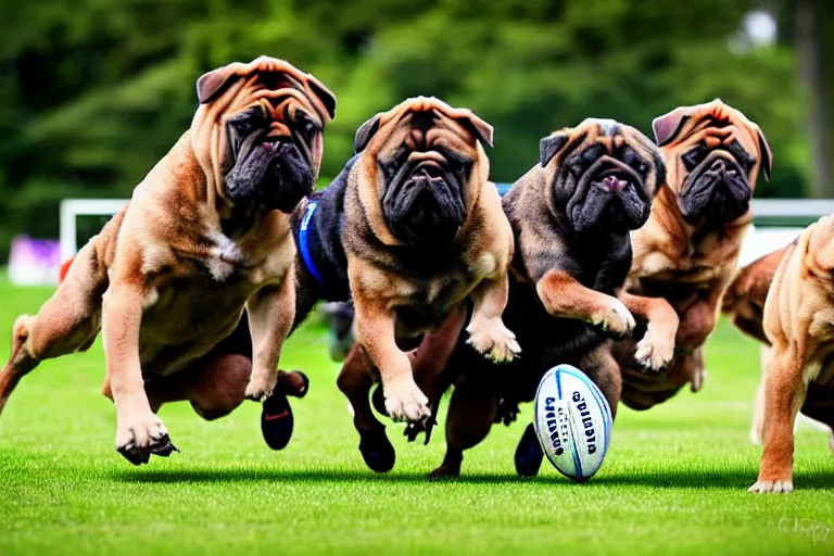 Prompt: A pack of bullmastiffs playing rugby. Dogs, canines. Sports photo.