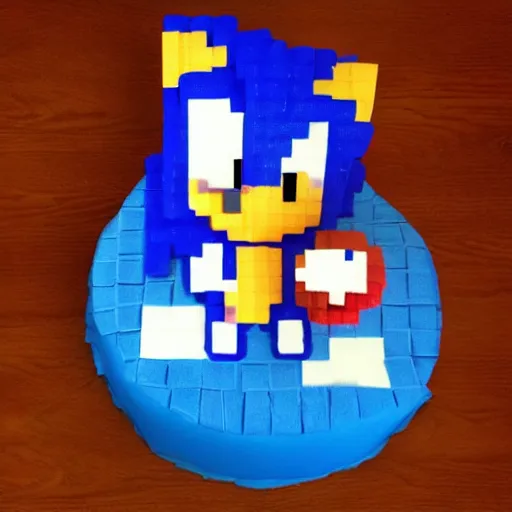 Image similar to pixel art sonic the hedgehog, smiling, holding a birthday cake, saying happy birthday!