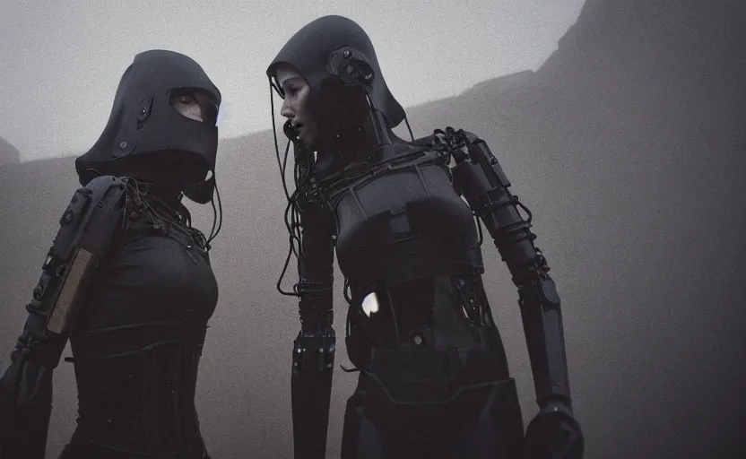 Prompt: cinestill 5 0 d candid photographic portrait by helen levitt of two loving female androids wearing rugged black mesh techwear on a desolate plain, extreme closeup, modern cyberpunk moody emotional cinematic, dust storm, 8 k, hd, high resolution, 3 5 mm, f / 3 2, ultra realistic faces, ex machina