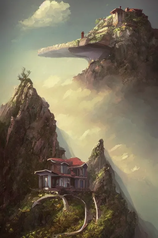 Prompt: A house on a mountain cliff, clouds, art deco design, by Mandy Jurgens and Warhol, Ernst Haeckel, James Jean, artstation, concept art