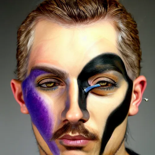 Image similar to an award finning closeup facial portrait by akseli kallen gallela luis rogyo and john howe of a bohemian male cyberpunk traveller clothed in excessivelyg fashionable 8 0 s haute couture fashion and wearing ornate art nouveau body paint