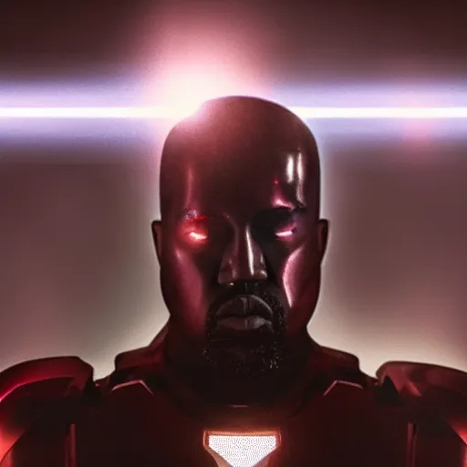 Prompt: Portrait of Kanye West in a Ironman-suit, no helmet, splash art, movie still, cinematic lighting, dramatic, octane render, long lens, shallow depth of field, bokeh, anamorphic lens flare, 8k, hyper detailed, 35mm film grain