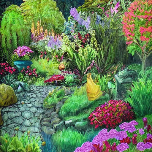 Image similar to a fairytale garden, painted by pablo amaringo