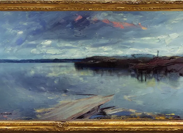 Prompt: palette knife, impasto oil painting of silent calm lake shore by frank auerbach, thick paint brush strokes, art by anders zorn, wonderful masterpiece by greg rutkowski, beautiful cinematic light, american romanticism by greg manchess, creation by tyler edlin