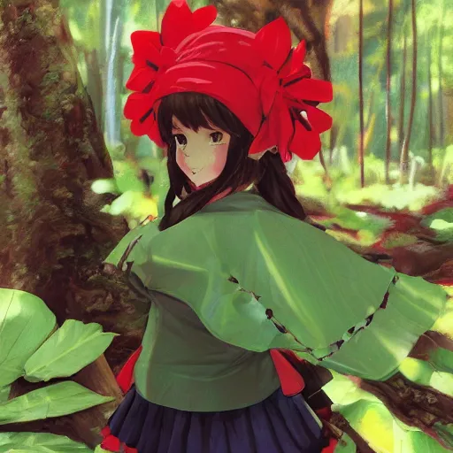 Prompt: a ilya kuvshinov of reimu in the jungle wearing bonnet