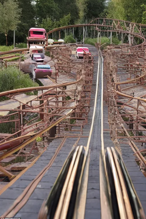 Prompt: old fashioned cars driving on unsafe rollercoaster - like wooden roads, a page from a where's wally? book