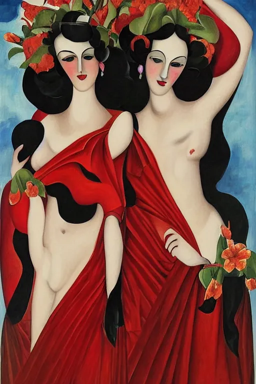 Prompt: highly detailed painting of gemini goddesses wearing red flamenco gowns riding a black bull and framed with flowers by tamara de lempicka
