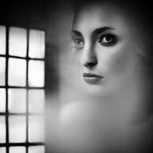 Image similar to black and white fashion photograph highly detailed portrait of a depressed beautiful 30 years old model woman standing by the window, natural light, rain, mist, lomo, fashion photography, film grain, soft vignette, sigma 85mm f/1.4 1/10 sec shutter