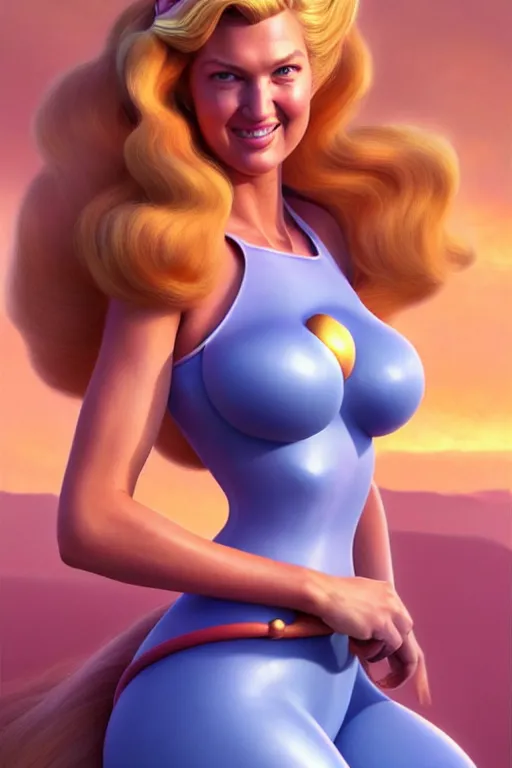 Image similar to polished sweaty princess peach : : gisele bundchen face : : kate upton body : : weta disney pixar movie still photo : : hi - fructose, sci fi, fantasy, decadent highly - detailed digital painting, golden ratio, octane render, artstation, smooth, sharp focus, artgerm, mucha, loish, wlop : :