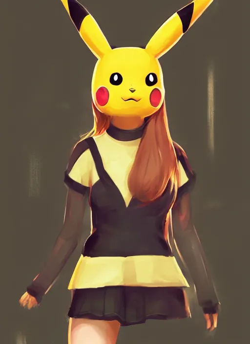 Image similar to a portrait of a girl in pikachu costume, grim - lighting, high - contrast, intricate, elegant, highly detailed, digital painting, artstation, concept art, smooth, sharp focus, illustration