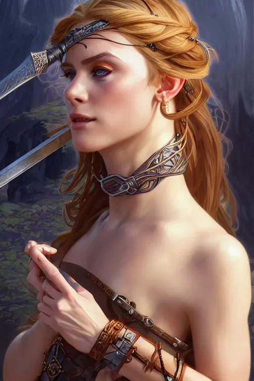 Image similar to Portrait of seductive female barbarian, D&D, revealing stylish dress, choker on neck, long flowing hair, mouth slightly open, slight nerdy smile, fantasy, intricate, elegant, highly detailed, digital painting, artstation, concept art, smooth, sharp focus, illustration, art by artgerm and greg rutkowski and alphonse mucha