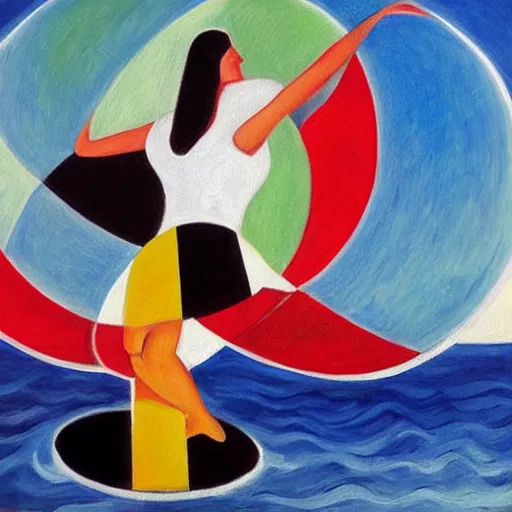 Image similar to woman dancing with a ying yang by the ocean while the waves crash on the seashore, high quality art in the style of cubism and geogia o keefe