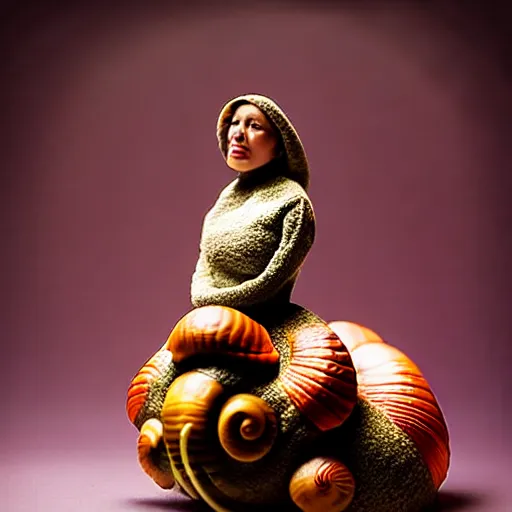 Image similar to modern full body color studio photograph of real snail woman, woman made out of snail