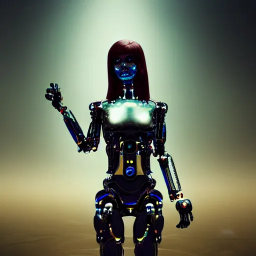 Image similar to Masterpiece full body portrait of a beautiful female cyborg with flawless skin, robotic feminine body, in a surreal dream landscape, eerie fog, cinematic lighting, 8k