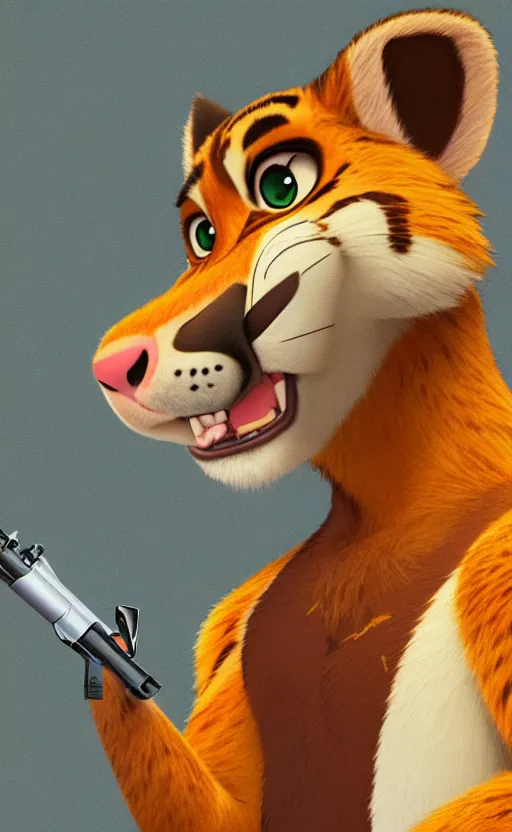 Image similar to “portrait of tiger in the style of the movie zootopia holding a laser gun, with a dark background behind him”