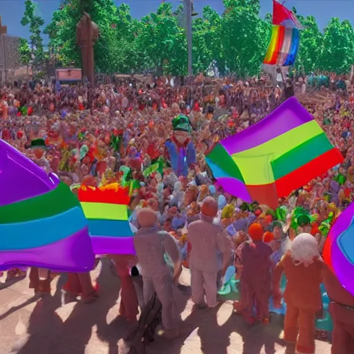 Prompt: the pride gay parade of gnomes in Dushanbe, super detailed high resolution cinematic scene