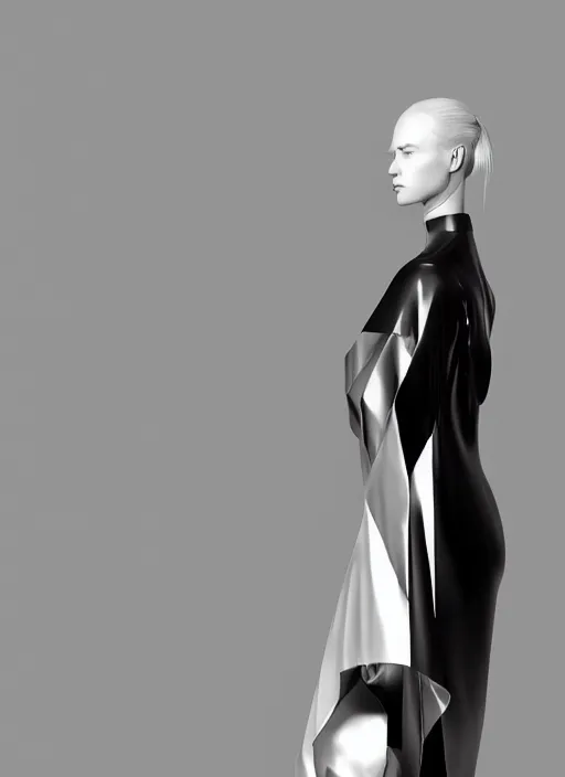 Image similar to a digital portrait of an european girl detailed features wearing a cyber kimono latex suit wedding dress - synthetic materials, by issey miyake by ichiro tanida and mitsuo katsui