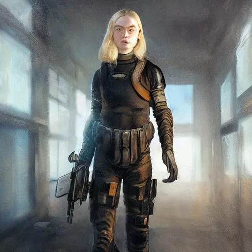 Prompt: ultra realistic portrait painting of elle fanning in prey wearing swat gear, art by frank frazetta, 4 k, ultra realistic, highly detailed, epic lighting