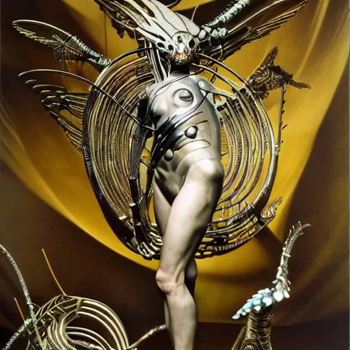 Prompt: still frame from Prometheus movie by Makoto Aida, flying biomechanical angel gynoid by giger, mimicking devil's flower mantis, metal couture by neri oxmn and Guo pei, flying angel editorial by Malczewski and by Caravaggio