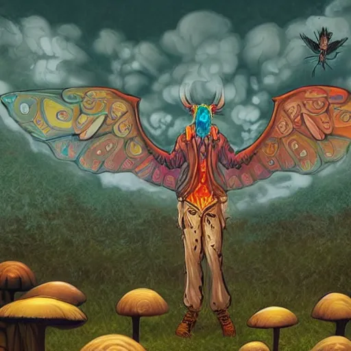 Image similar to 8K Portrait of centered chest up of a psychedelic godlike mothman shaman with moth face and giant mandala wings smoking a hand-rolled cigarette smoking heavily , magic mushroom village in background , post-processing , award winning. superb resolution. in the art style of junji Ito and greg rutkowski . Detailed Mushroom city in background. Hyper realistic anime. Perfect art. Dalle2