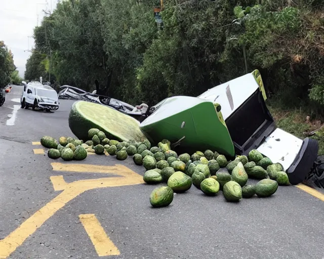 Prompt: picture of an overturned avocado truck, tons of avocados on the road that people are walking and picking up