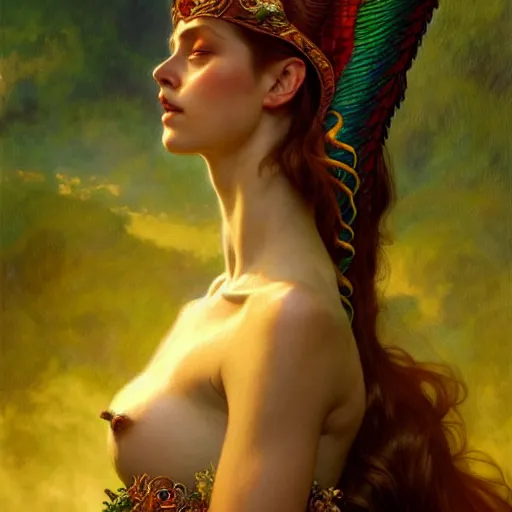 Image similar to a quetzalcoatl, diffuse lighting, fantasy, intricate, elegant, highly detailed, lifelike, photorealistic, digital painting, artstation, illustration, concept art, smooth, sharp focus, art by john collier and albert aublet and krenz cushart and artem demura and alphonse mucha