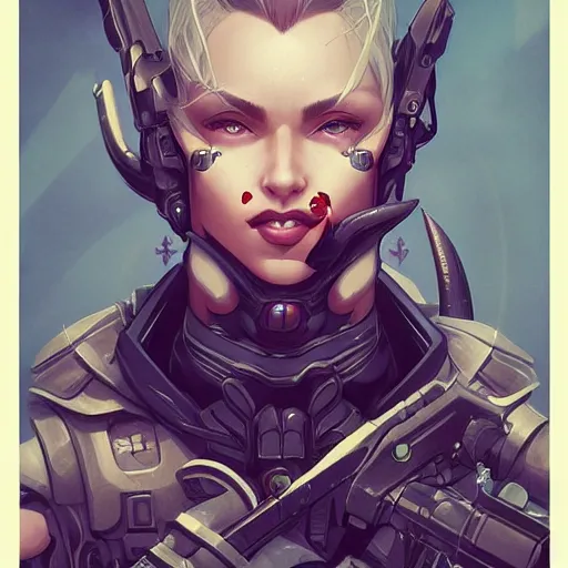 Image similar to evil hero infernal sniper, heroine, beautiful, detailed symmetrical close - up portrait, intricate complexity, in the style of artgerm and peter mohrbacher, cel - shaded