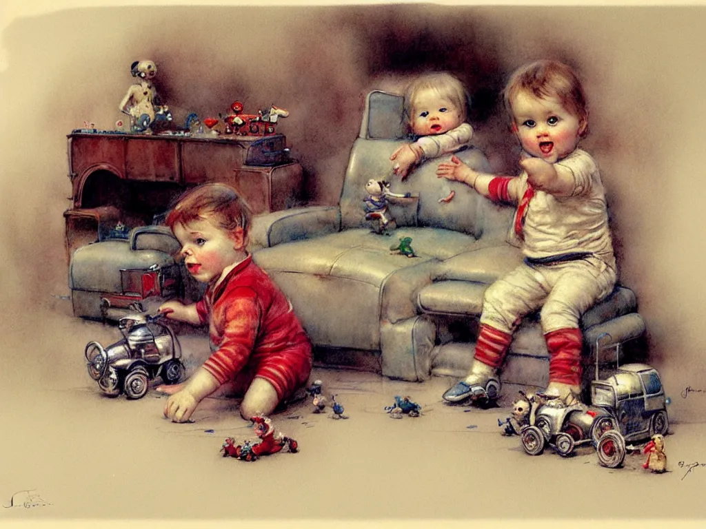 Image similar to toddler ( ( ( ( ( 1 9 2 0 retro future living room. muted colors. toys laying around ) ) ) ) ) by jean baptiste monge, chrome red, chrome silver