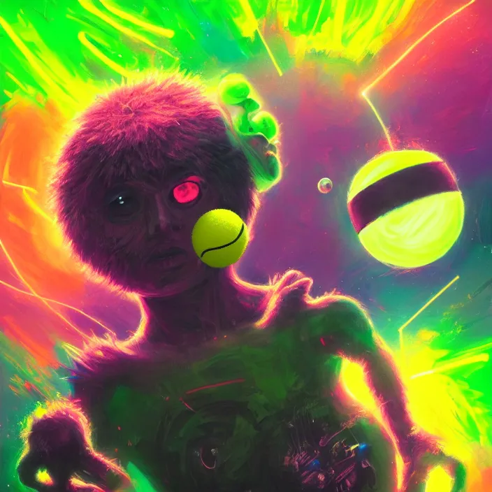 Image similar to cinematic portrait of a cute tennis ball monster in space, neon lasers, chalk, masterpiece, trending on artstation, featured on pixiv, cinematic composition, dramatic pose, beautiful lighting, sharp details, hyper - detailed, hd, hdr, 4 k, 8 k, art by basil gogos