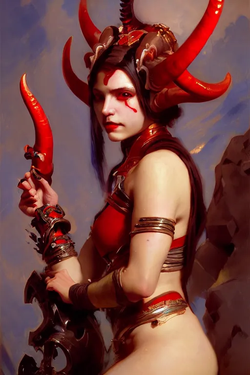 Image similar to painted close - up portrait of a attractive red - skinned intimidating demon cyborg girl with ram horns! oil painting, wearing a noblewoman's outfit, fantasy art by john singer sargent and gaston bussiere and james jean and greg rutkowski, demon noble character design, hd