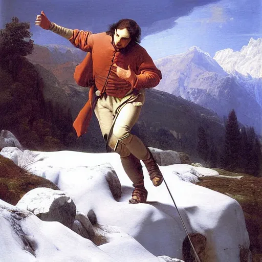 Image similar to steve jobs crossing the alps painting by jacques louis david.