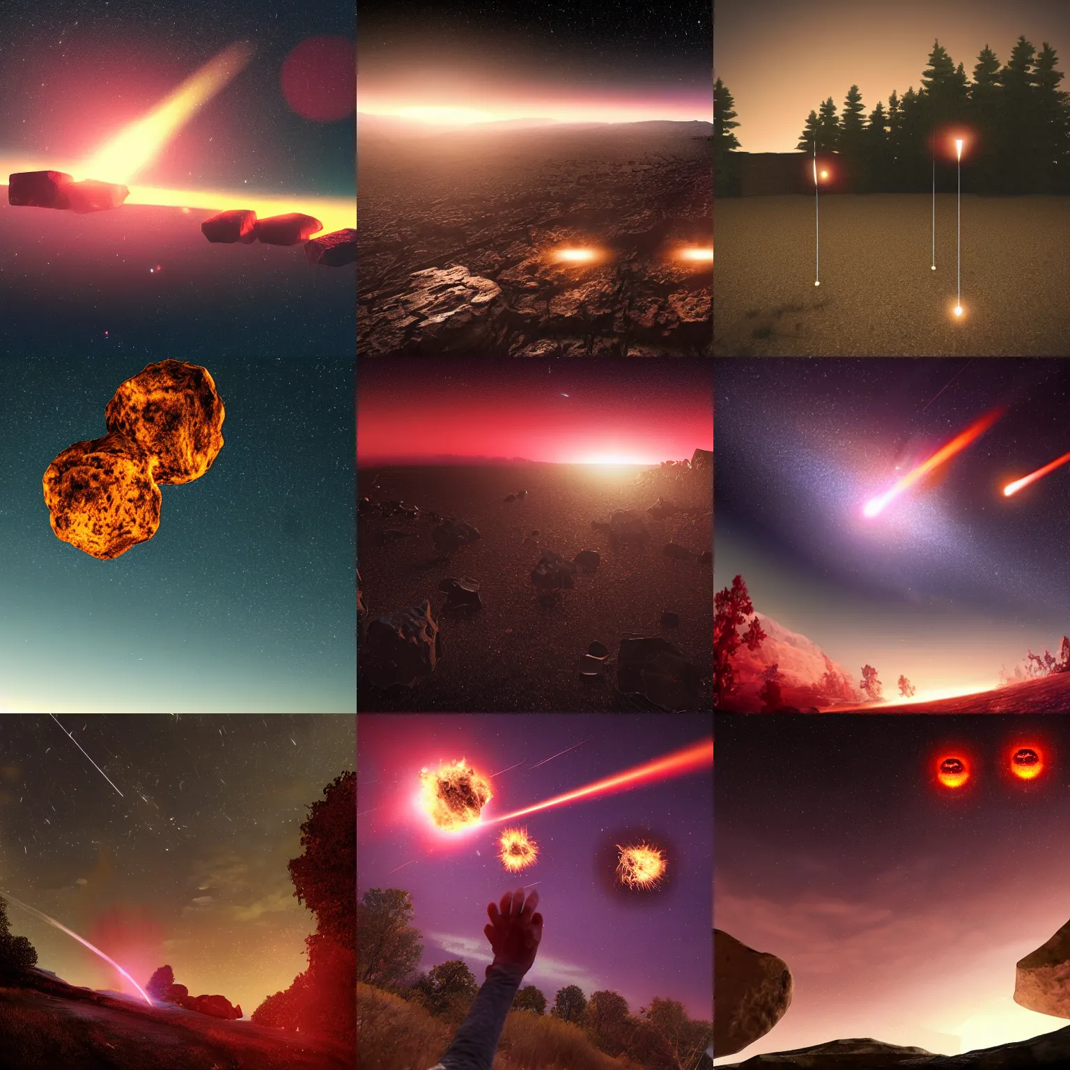 Prompt: three meteor fireballs fall down in the dark sky, by adam varga, at gentle dawn red light, cinematic lighting, volumetric lighting, smooth, sharp focus, highly detailed, render in unreal engine 5, artstation, deviantart, behance, trending, epic composition, hd, octane, unreal engine, volumetric lighting, light rays, masterpiece, award - winning