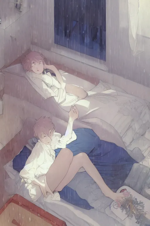 Prompt: a teenage girl with white short hair in a jk uniform outfit in the bedroom reading a book in a night, raining outside the window, grey and blue theme, by krenz cushart and mucha and akihito yoshida and greg rutkowski and makoto shinkai, detailed eyes, 4 k resolution