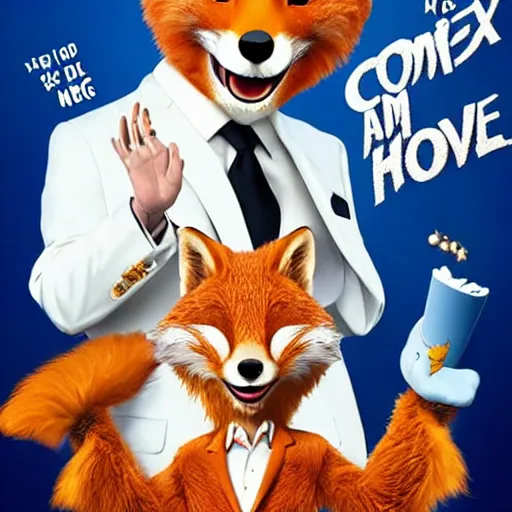Prompt: comedy movie poster featuring an anthropomorphic fox wearing a white suit, fried chicken in the background, promotional media